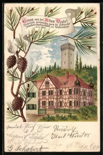 Lithographie Zirndorf /Fürth, Alte Feste, Ort der Schlacht von Gustav-Adolf und Wallenstein 1632