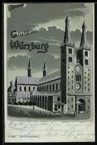 Mondschein-Lithographie Würzburg, Das Münster, Silberner Mond