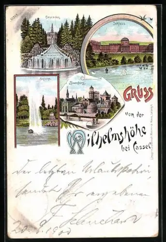 Lithographie Wilhelmshöhe bei Cassel, Schloss, Cascaden, Fontaine