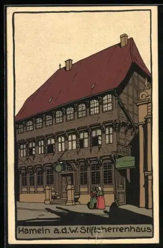 Steindruck-AK Hameln a. d. Weser, Partie am Stiftsherrenhaus