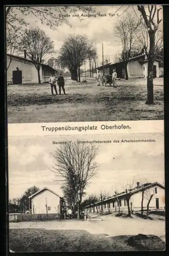 AK Oberhofen, Truppenübungsplatz, Strasse und Ausgang nach Tor 1, Baracke Y., Unterkunftsbaracke des Arbeitskommandos