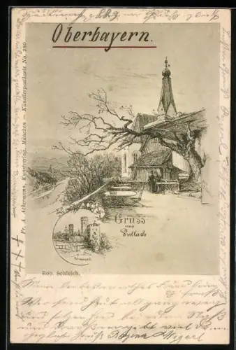 Künstler-AK Pullach, Schwaneck, Gasthaus mit Kirche und Flusspartie