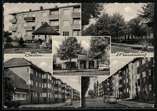 AK Berlin-Mariendorf, Strassenpartien mit Geschäft und Gartenanlage, Drogerie / Seifengeschäft