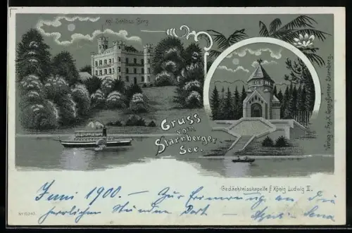 Mondschein-Lithographie Berg / Starnberger See, Schloss und Dampfer, Gedächtniskapelle Ludwig II., silberner Mond
