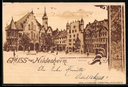 Holzbrand-Imitations-AK Hildesheim, Rathaus, Tempelherren- und Wedekindhaus, Panorama