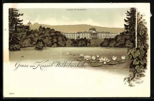 Lithographie Kassel-Wilhelmshöhe, Schloss Wilhelmshöhe, Ansicht vom Wasser mit Turmgebäude