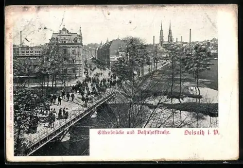 AK Oelsnitz i. V., Elsterbrücke und Bahnhofstrasse mit Ortsansicht aus der Vogelschau