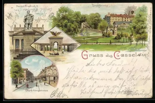 Lithographie Cassel, Denkmal Friedrich II., Drahtbrücke, Auetor, Obere Königstrasse