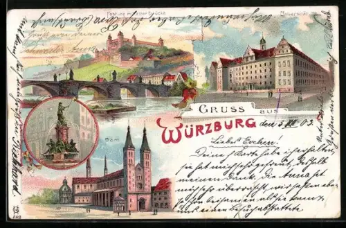 Lithographie Würzburg, Festung mit alter Brücke, Dom, Universität
