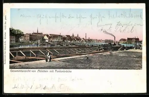 Goldfenster-AK Alsleben / Saale, Gesamtansicht mit Pontonbrücke