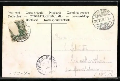 Goldfenster-AK Alsleben / Saale, Gesamtansicht mit Pontonbrücke