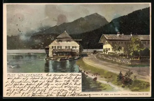 Lithographie Walchensee, Seeufer, Berge