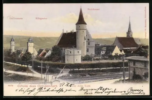 AK Ochsenfurt / Main, Der dicke Turm mit Klingentor und Bezirksamt