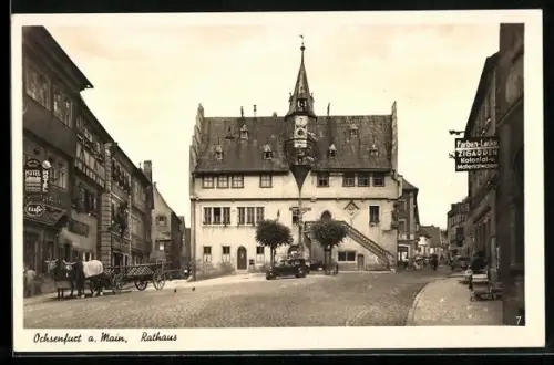 AK Ochsenfurt a. Main, Blick auf das Rathaus, Hotel Schnecke, Geschäft für Kolonialwaren