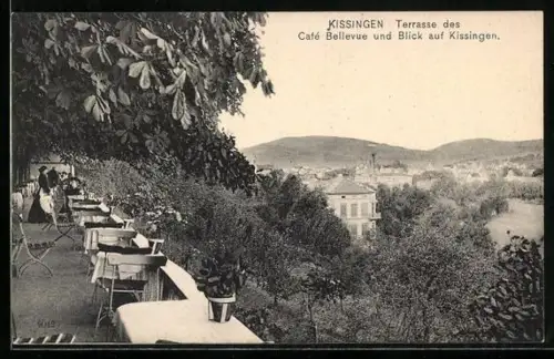 AK Kissingen, Terrasse des Café Bellevue mit Blick auf die Stadt