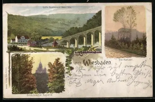 Lithographie Wiesbaden, Café-Restaurant Beau-Site, Kanzel, Griechische Kapelle