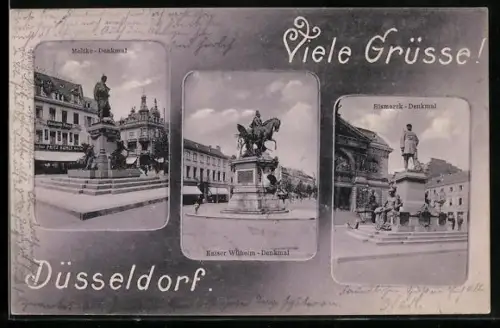 AK Düsseldorf, Kaiser-Wilhelm-Reiterstandbild, Moltke-Denkmal, Bismarck-Denkmal