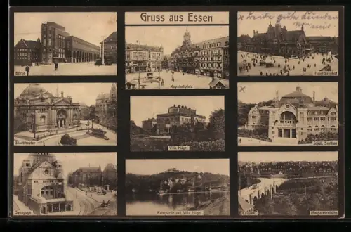 AK Essen, Kopstadtplatz, Stadttheater, Synagoge, Hauptbahnhof, Villa Hügel, Städt. Saalbau, Börse, Ruhrpartie