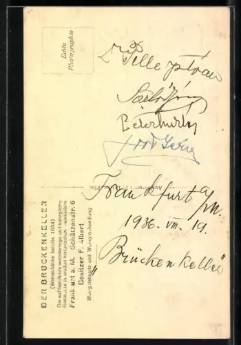 AK Frankfurt a. M., Gaststätte Brückenkeller, Bes. F. Albert, Schützenstr. 6, Innenansicht mit Treppe