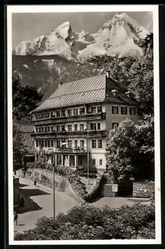 AK Schönau-Berchtesgaden, Hotel-Pension Emma, Bes. Emma Strobl, Blick zum Watzmann