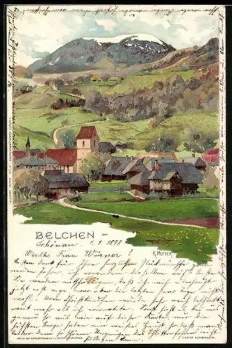 Lithographie Belchen, Dorfansicht mit Kirche und Schwarzwaldlandschaft