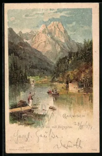 AK Garmisch, Riesser See mit Zugspitze