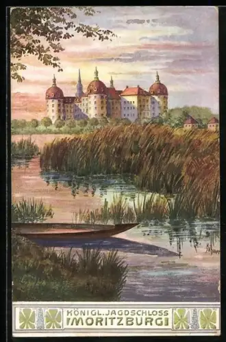 Künstler-AK Moritzburg / Sachsen, Königliches Jagdschloss, Teichlandschaft