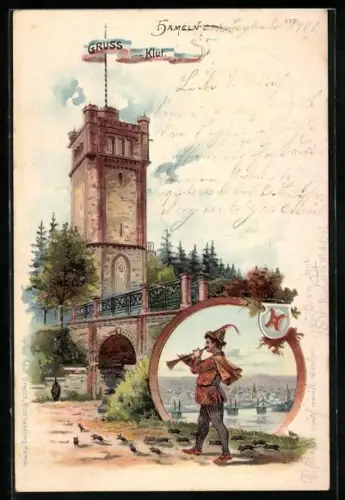 Lithographie Hameln, Klütturm, Rattenfänger-Motiv