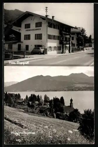 AK St. Quirin /Tegernsee, Hotel-Pension Haus Marquart, Seeufer, Kirche