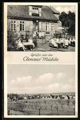 AK Clenze, Hotel Clenzer Mühle, Bes. Erich Schulze, Kaffeegarten, Blick auf Clenze