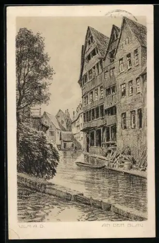 AK Ulm a. D., An der Blau, Fachwerkhäuser am Fluss