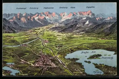 Künstler-AK Eugen Felle: Murnau, Panorama mit Staffelsee, Riegsee, Alpenkette