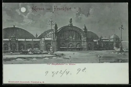 Mondschein-AK Frankfurt a. M., Hauptbahnhof im Winter