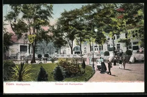 AK Essen, Terrasse mit Musikpavillon im Stadtgarten