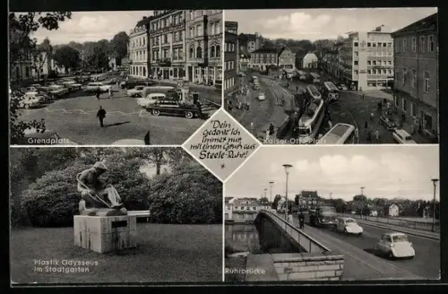 AK Steele /Ruhr, Grendplatz mit Geschäften, Kaiser-Otto-Platz mit Strassenbahn, Ruhrbrücke