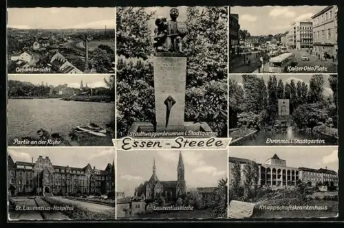 AK Essen-Steele, St. Laurentius-Hospital, Laurentiuskirche, Kaiser-Otto-Platz mit Strassentbahn