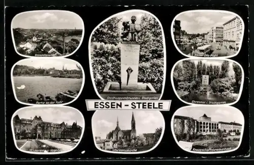 AK Essen-Steele, Laurentiuskirche, Kaiser-Otto-Platz mit Strassenbahn, Ehrenmal im Stadtgarten