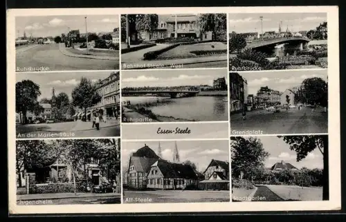 AK Essen-Steele, Bahnhof, Jugendheim, Ruhrbrücke, Stadtgarten
