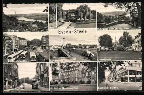 AK Essen-Steele, Kaiser-Otto-Platz mit Bussen, Bahnhof Steele West, Grendplatz
