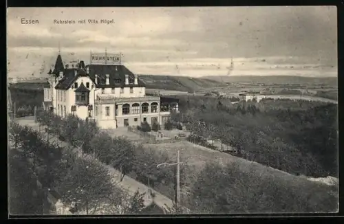 AK Essen, Ruhrstein mit Villa Hügel