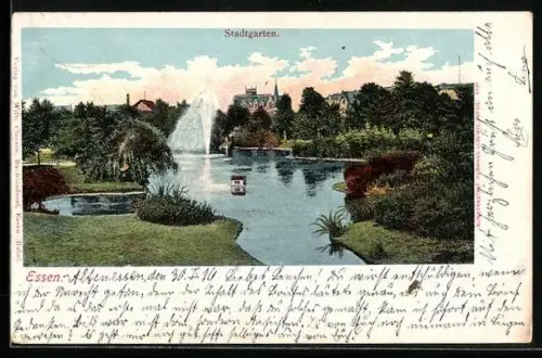 AK Essen, Stadtgarten mit Springbrunnen und Teich