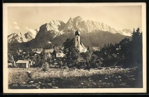 AK Obergrainau, Ortspartie mit Kirche