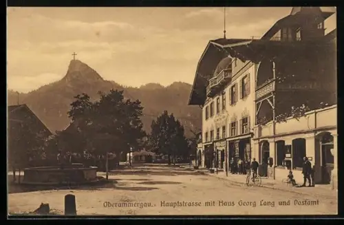 AK Oberammergau, Hauptstrasse mit Haus Georg Lang und Postamt
