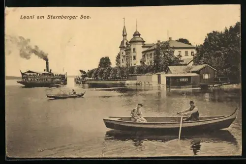 AK Leoni am Starnberger See, Uferpartie mit Dampfer