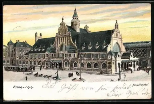 AK Essen, Hauptbahnhof mit wartenden Leuten und Kutschen