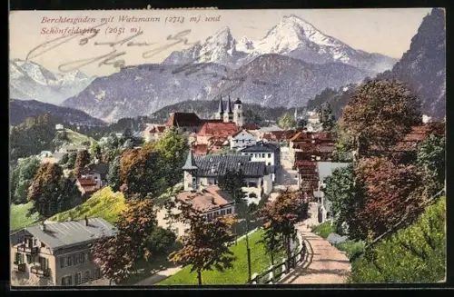 AK Berchtesgaden, Strassenpartie mit Watzmann und Schönfeldspitze