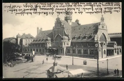 AK Essen / Ruhr, Bahnhof und Strassenpartie mit Kutsche