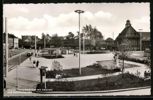AK Herne, Hauptbahnhof mit Vorplatz und Bahnhofstrasse