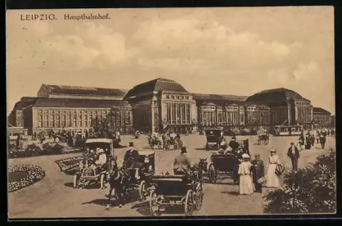 AK Leipzig, Pferdekutschen am Hauptbahnhof