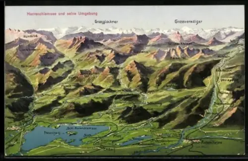 AK Herrenchiemsee, Umgebung mit Schloss Herrenchiemsee und Alpenpanorama